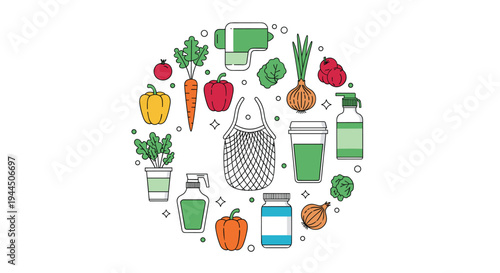 Composition of eco-friendly products and fresh vegetables arranged in a circle for a sustainable lifestyle concept.