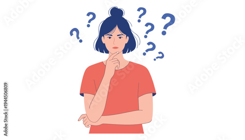 A cartoon woman with question marks thinking deeply in confusion