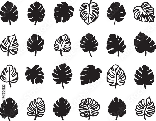 Monstera Leaf Silhouette Set, Tropical Jungle Leaves Collection, Minimal Black Botanical Icons Isolated on Light Background, Modern Nature Design Elements for Logo