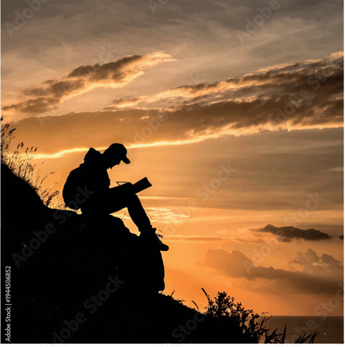 Active photographer silhouette standing on a mountain peak against a vibrant orange sunset sky capturing the freedom of nature and clouds during a beautiful evening landscape