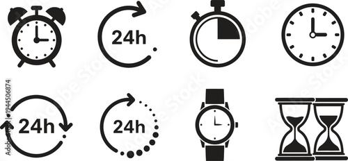 black and white clock and watch icons with 24 hour symbols
