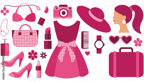 Fashion vector illustration of a woman's accessories and clothing items in pink