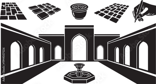 Black and white illustration of an ancient courtyard architecture