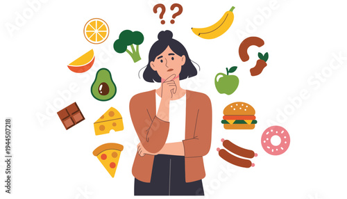 A woman considering healthy and unhealthy food options for diet