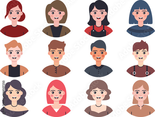 Flat design avatar profile character illustration set featuring diverse male and female faces, ideal for user profiles, social media icons, apps, websites, and digital identity graphics.