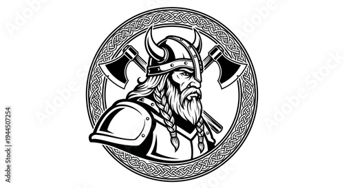 Fierce Norse Warrior Illustration Emblem with Horned Helmet, Braids, and Crossed Axes in Ornate Circular Frame