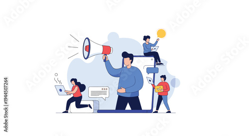 Digital marketing concept showing diverse people using electronic devices with a large megaphone emerging from a mobile phone screen.