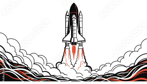 Rocket ship launching into space with a fiery explosion of flames