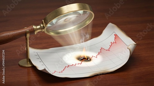 Magnifying Glass Focusing Sunlight Igniting Red Stock Market Chart