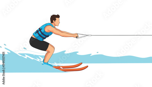 Water skier illustration in action with rope and skis on the ocean