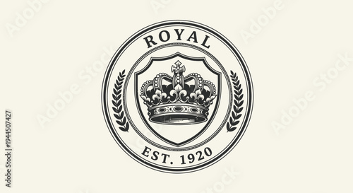 Vintage style crown emblem with shield and laurel wreath, elegant classic design, historical establishment concept