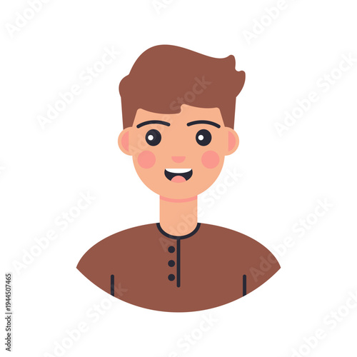 Male Avatar Brown Hair Flat design style, smiling man with brown hairstyle representing a friendly male profile character, ideal for avatar icons, application profiles, and web interface graphics.