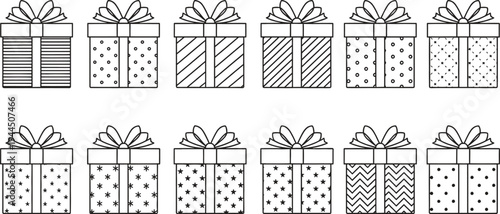 black and white gift boxes with various patterns and bows