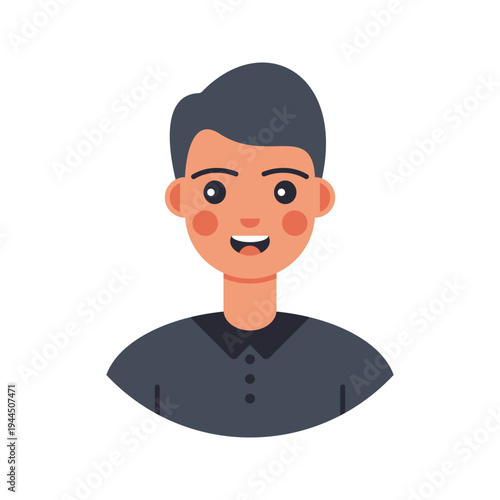 Male Avatar Dark Hair Flat design style, smiling man with dark short hair representing a friendly male profile character, ideal for user profile icons, community graphics, and interface avatars.