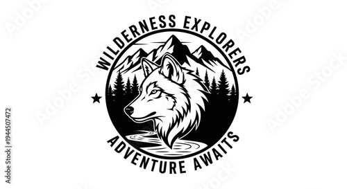 Monochrome wilderness adventure emblem with wolf, majestic mountains, pine forest, and river. Outdoor exploration badge design.