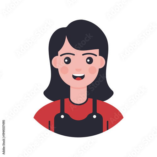 Female Avatar Black Hair Flat design style, smiling woman with long black hair representing a friendly female profile character, ideal for social media avatars, app interfaces, and profile