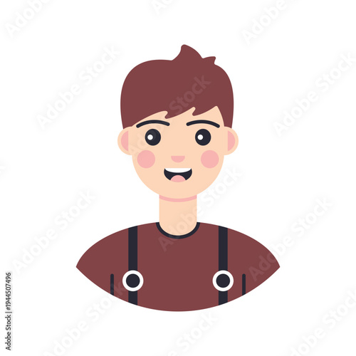 Male Avatar Suspenders Flat design style, smiling man wearing suspenders representing a casual male profile character, ideal for avatar sets, user icons, and social media profile graphics.