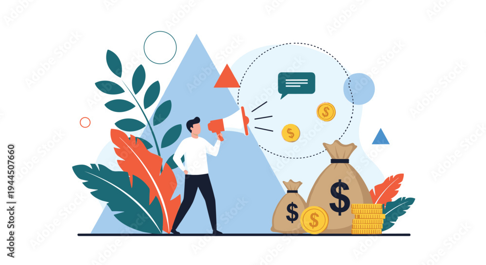 Fototapeta premium Financial investment concept featuring a man with a megaphone next to large money bags and coins against a modern geometric background.