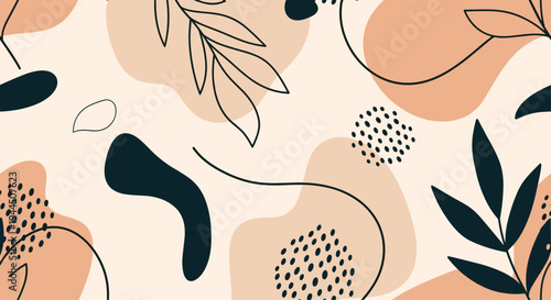 Modern abstract pattern with organic shapes in peach and navy tones featuring delicate leaf outlines and decorative dotted textures.