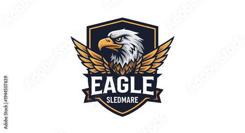 Fierce eagle head emblem logo design with dynamic outstretched wings on a shield, vector illustration for sports or brand mascot.