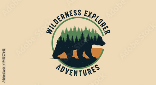 Retro outdoor adventure logo with a bear silhouette, pine forest, and text for wilderness exploration, camping, and hiking