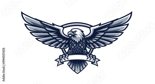 Powerful bald eagle mascot design with spread wings and banner, majestic animal symbol of strength, freedom, and leadership emblem