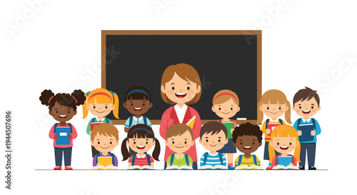 Friendly teacher standing with a diverse group of happy young students in a classroom setting in front of a large black chalkboard.