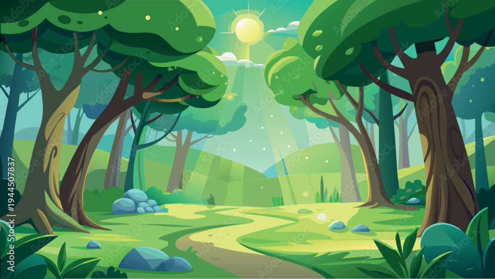 Naklejka premium Magical Forest Landscape with Sunbeams and Path in Green Woods