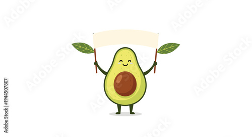 Cute cartoon avocado character with a happy face holding a blank white banner with leaves isolated on a white background.