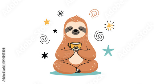 Peaceful sloth character meditating in a seated position while holding a warm cup surrounded by celestial stars and swirls.