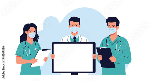 Group of professional doctors and nurses wearing face masks and scrubs holding a large blank screen for text or information.
