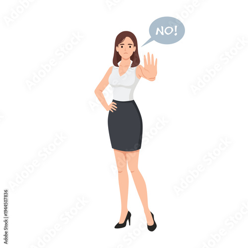 Confident Businesswoman Showing Stop Gesture and Saying No. Flat vector illustration isolated on white background