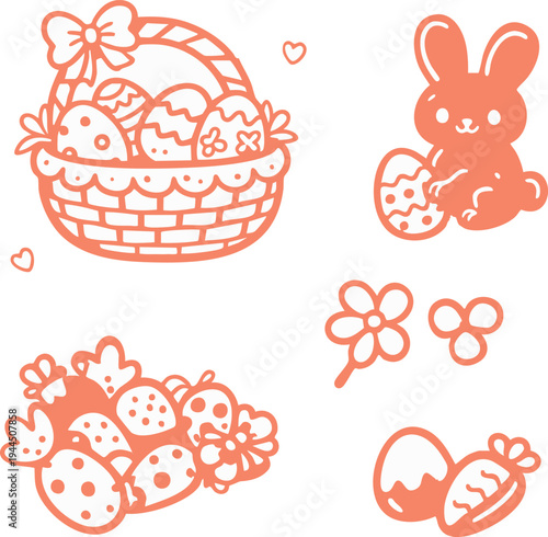 Cute Easter Basket and Eggs Doodle Illustration Set