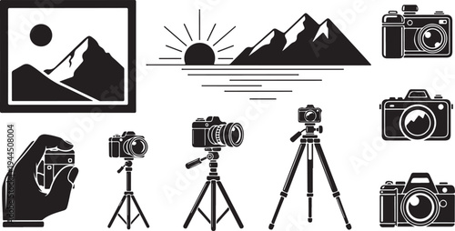 Photography icons and cameras on white background illustration set
