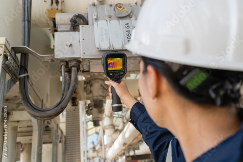 Foto Engineer performs thermal scanning on substation equipment with an infrared camera, supporting safety checks, condition monitoring, diagnostics, reliability, and maintenance