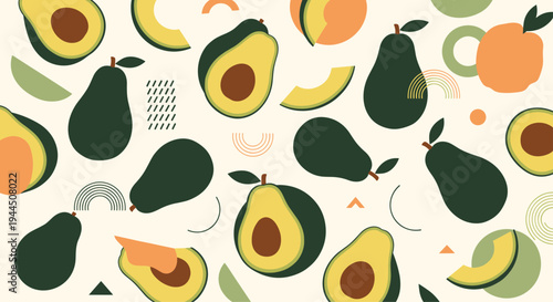 Seamless pattern with whole and sliced avocados and abstract shapes on a light cream background for organic designs.
