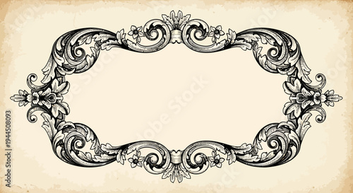 Vintage Ornate Baroque Oval Frame with Elegant Scrollwork and Acanthus Leaves, Decorative Antique Design Element for Text or Graphics