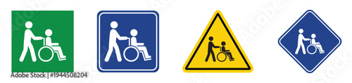 Multi-shaped signs showing an assistant pushing a wheelchair user. Green, blue, and yellow icons for information and warning. Flat vector symbols for hospital and public transport.