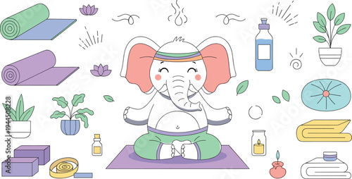 Cute elephant practicing yoga meditation with wellness spa elements plants candles and yoga mat for relaxation mindfulness and healthy lifestyle vector illustration