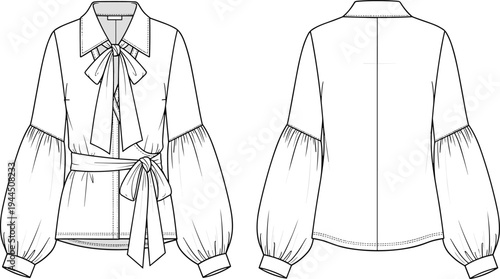 Women bow tie blouse fashion technical drawing, front and back view belted waist long sleeve apparel vector template