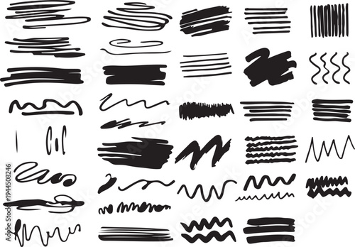 Hand Drawn Brush Stroke Set, Abstract Ink Scribbles and Doodle Lines Collection, Black Marker and Paint Strokes Isolated on White Background.