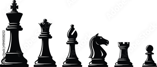 Vector collection of black chess piece silhouettes featuring king queen bishop knight rook and pawn icons in a clean minimalist style isolated on white background
