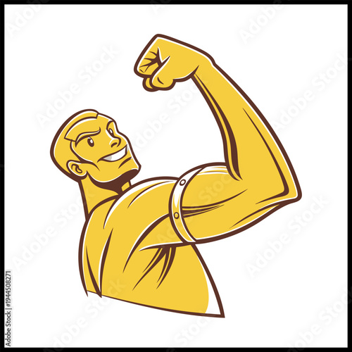 Strong Man Flexing Bicep Muscle Cartoon Vector Illustration.