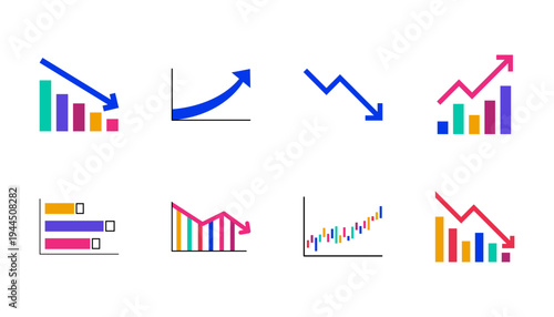 Business graphs icons depicting charts, analytics, statistics, growth trends, financial reports, dashboards, data visualization, performance, strategy, monitoring, and insights.
