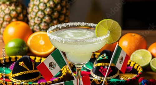 A margarita cocktail surrounded by fruits and mexican flags