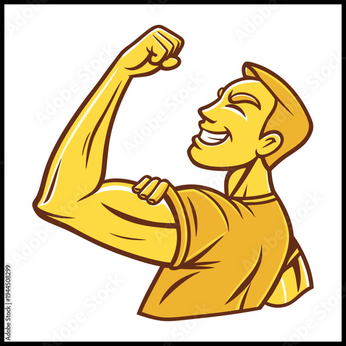 Strong Man Flexing Bicep Muscle Cartoon Vector Illustration.