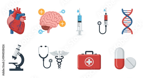 Comprehensive Medical & Healthcare Flat Icons Set: Anatomy, Research, Treatment, Diagnostics