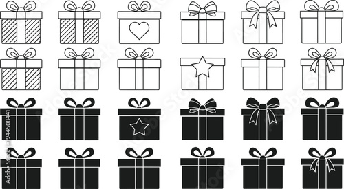 Vector collection of black and white gift box icons featuring various ribbon bows heart and star patterns in outline and silhouette styles isolated on white background