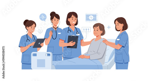 Professional Nursing Team Providing Compassionate Care to Elderly Female Patient in Hospital Bed - Medical Support & Wellness Illustration
