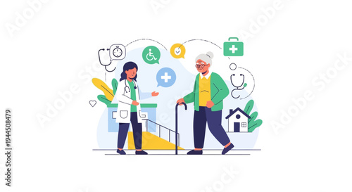 Doctor Assisting Elderly Woman with Cane: Senior Healthcare, Geriatric Care, and Home Health Support Services Illustration